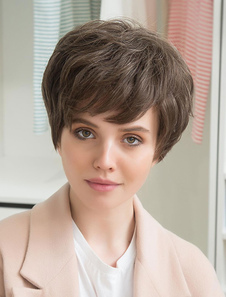 Cheveux perruques courtes Pixie coupe cheveux Capless perruques couches côté balayé perruques Bangs 