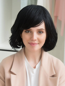 Noir de cheveux humains perruques côté balayée Bangs bouclés à extrémités perruques de cheveux pour 