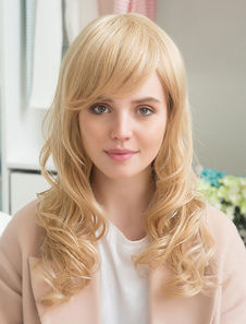 Blonde cheveux perruques perruques féminines Long bouclés avec côté balayé Bangs