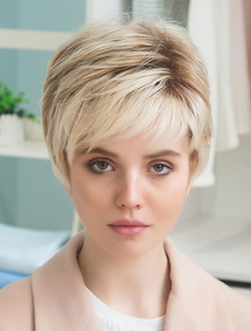 Perruques de cheveux tout droit humains court féminin en abricot