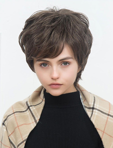 Cheveu court perruques Boycut perruques couches côté balayée Bangs perruques de cheveux humains Tan 