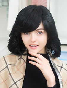 Noir de cheveux humains perruques épaule longueur côté balayé Bangs bouclés cheveux Capless perruque