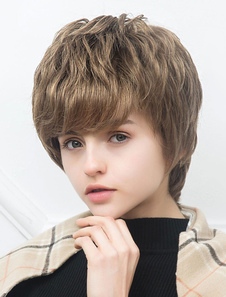 Cheveux perruques courtes couches bouclée côté balayé Bangs Capless perruques pour femmes