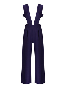 V cou sans manches découpe combinaison bleue sexy féminin jambes larges Jumpsuit
