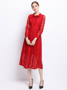 Col rond Bow manches longues de la dentelle rouge robe femme plissé robe patineuse