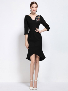 Robe Bodycon noire U cou Half Sleeve strass perles robe fourreau bas haut