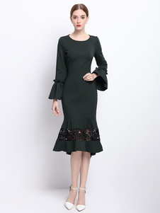 Mermaid robe Illusion Bell manches longues col rond basse haute Bodycon robe en dentelle femmes