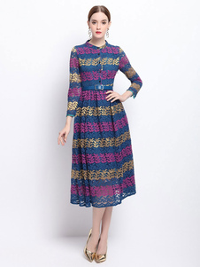 Robe rayé bleu manches 3/4 bijou cou Midi robe en dentelle femmes