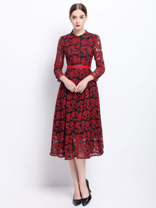 Robe en dentelle rouge rond Manche 3/4 longueur manche plissé robe patineuse