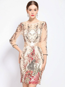 Illusion robe Bodycon rouge féminin tour cou Half Sleeve Floral brodé robe fourreau Fit Slim