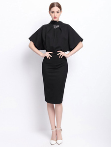 Robe Bodycon noire embelli col manches courtes Slim Fit fourreau