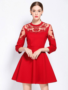 Skater rouge robe dentelle brodée Crewneck 3/4 Sleeve Flare robe pour femmes