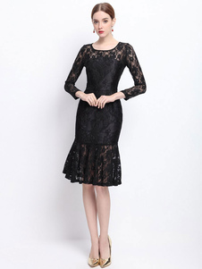 Dentelle noire robe sirène 3/4 Sleeve Crew Neck Bodycon Dress