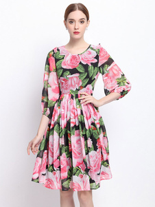 Robe à fleurs rose soie plissée Half Sleeve féminine cou imprimé robe patineuse