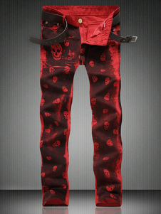 Jeans Denim imprimé crâne masculin rouge Slim Fit tout droit jambe de pantalon