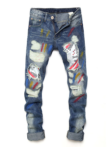 Bleu Denim Jeans hommes patché Jeans jambe droite en détresse