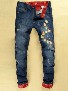 En détresse jambe droite Bleu Denim Jeans hommes peinte Jeans