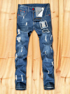 Bleu Jeans en Denim Jeans déchirés masculine en détresse de la jambe droite