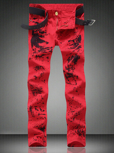Jeans Denim imprimé rouge hommes peint droite jambe de pantalon