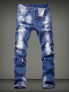 Bleu déchiré Jeans Denim Casual lâche en détresse Jeans hommes