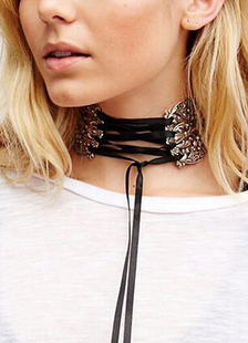 Choker Necklace Lace des femmes Up Silver Jeweled Wrap Choker