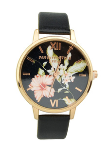 Black des femmes montres de forme ronde Floral imprimé en Faux cuir bande analogique numérique montr