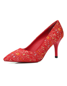 Rouge talon Kitten chaussures de mariage a souligné Toe Slip Jacquard sur les pompes nuptiales