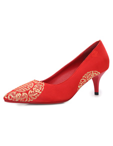 Chaussures de mariée Satin Slip rouge haut talon chaussures de mariage a souligné Toe Shoes de pompe