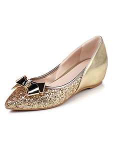 Paillettes Wedge pompes bout pointu or Slip On chaussures avec Bow