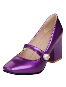 Couleur unie violet Mary Jane chaussures Square Toe Chunky talons femmes pompes chaussures avec perl