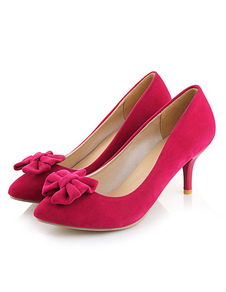 Suede pompes chaussures Bow chaton talon relevé Toe Slip sur talons Mid pour femmes