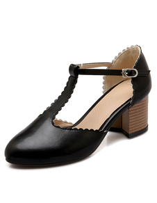 Chaussures noir pompes T Strap orteil rond festonné Chunky talons pour femmes