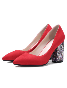 Daim rouge pompes talon haut paillettes bout pointu talon Chunky glisser sur les chaussures