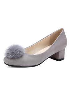 Gris Suede pompes talon Chunky Round Toe Slip sur les chaussures pour femmes