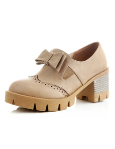 Abricot Chunky talons chaussures pompes douce ronde avec archet pour femmes