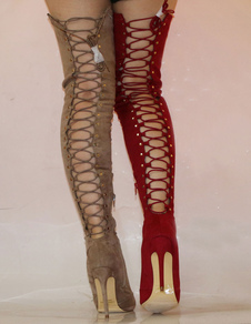 Au-dessus du genou Bottes talon haut fait des orteils lacets élastiques hautes bottes talon aiguille
