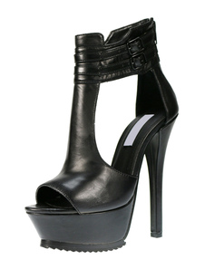 Talons hauts noirs en cuir bout ouvert talon aiguille sandales de la plateforme femme