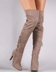 Sur le genou Bottes haut talon orteil rond gris fermeture à glissière talon aiguille haute bottes po