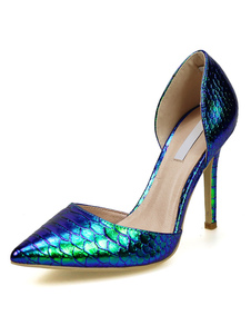 Serpent de bout pointu talons hauts bleu Glitter impression pompes chaussures pour femmes