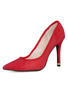 Talons hauts rouges maille bout pointu Slip sur pompes chaussures