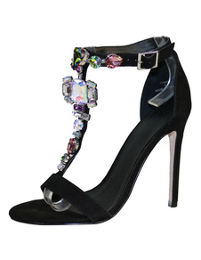 Robe noire sandales T sangle Peep Toe Crystal Summer chaussures à talons hauts pour femmes