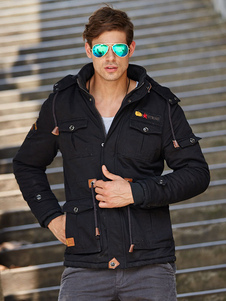 Veste hiver militaire Black Drawstring taille Hooded Cargo courte veste