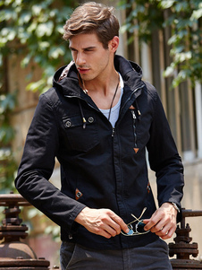 Veste noire cordon hommes capuche bouton veste militaire courte Zip déco