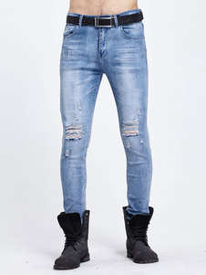 Jeans en Denim pour hommes bleu jambe maigre déchirée Jeans