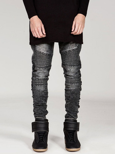 Longtemps Skinny Leg Biker pantalon Denim Jeans hommes noir