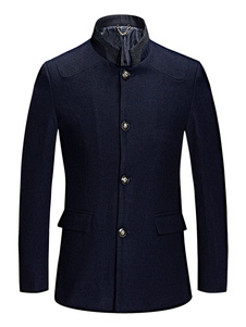Manteau bleu bouton poches Stand collier manteau d’hiver pour hommes