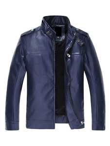 Bleu homme veste doublée PU cuir Windbreaker Jacket manteau avec fermeture à glissière