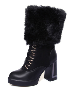 Fourrure noire bottes talon Chunky mi mollet bottes lacets Round Toe bottes d’hiver pour femmes