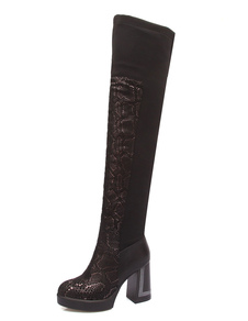 Noir cuisse hautes bottes talon haut plateforme bottes élastique daim Patchwork au-dessus du genou B