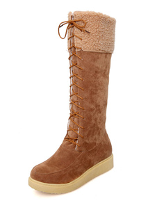 Brun Snow Boots Wedge talon Suede Knee High bottes lacets femmes fourrure Top bottes d’hiver